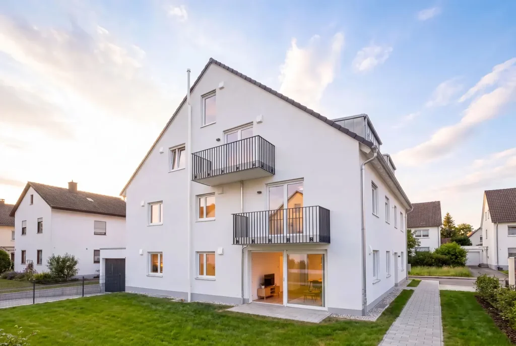 Außenansicht des Mehrfamilienhauses in Aubing mit Balkonen und Eingangsbereich