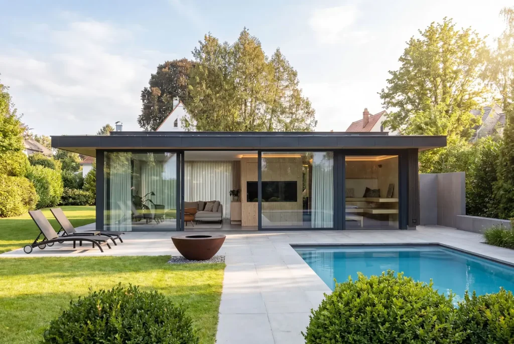Poolhaus in Gräfelfing mit raumhoher Verglasung und Pool