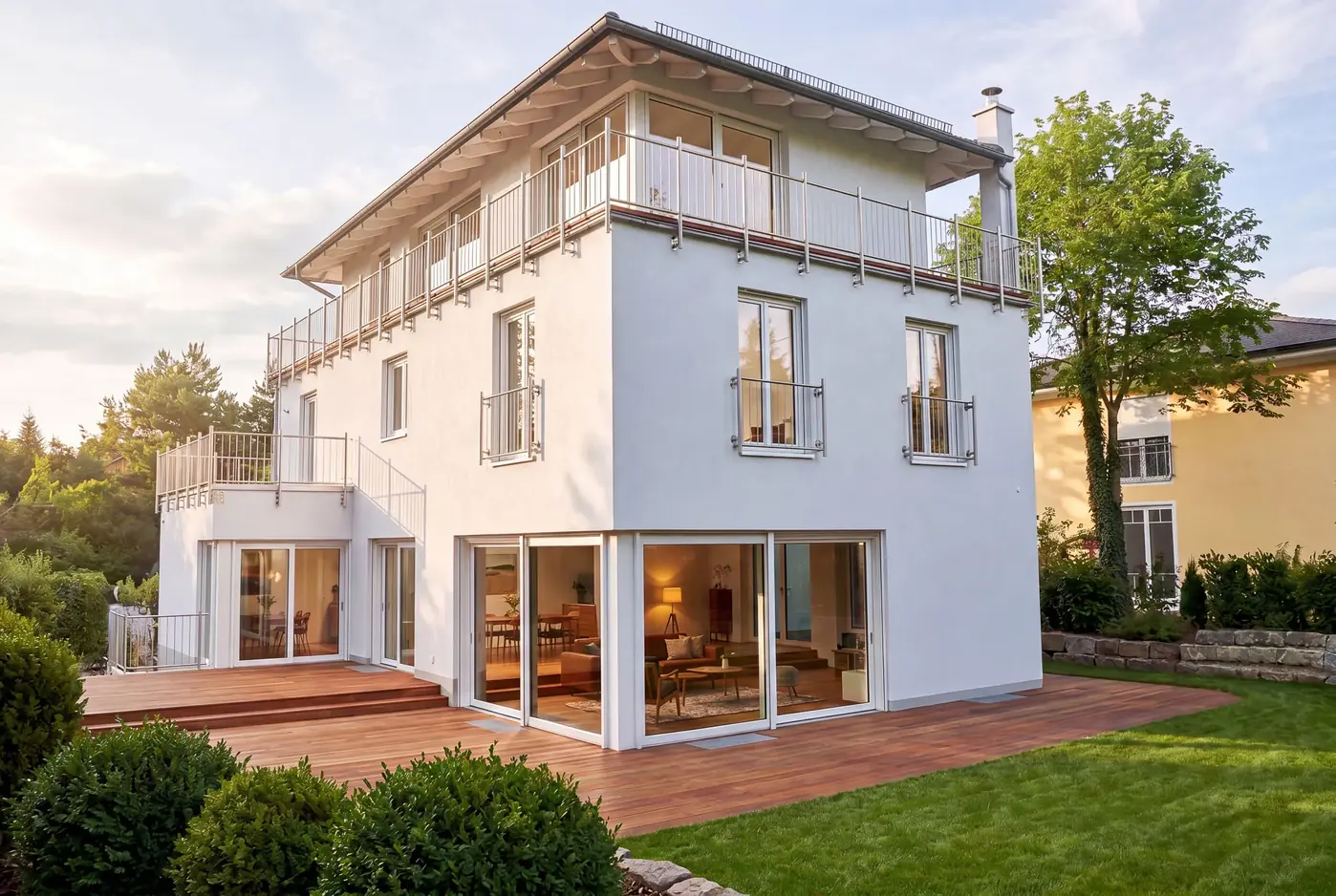 Außenansicht des Einfamilienhauses in Gräfelfing mit umlaufendem Balkon und Holzterrasse