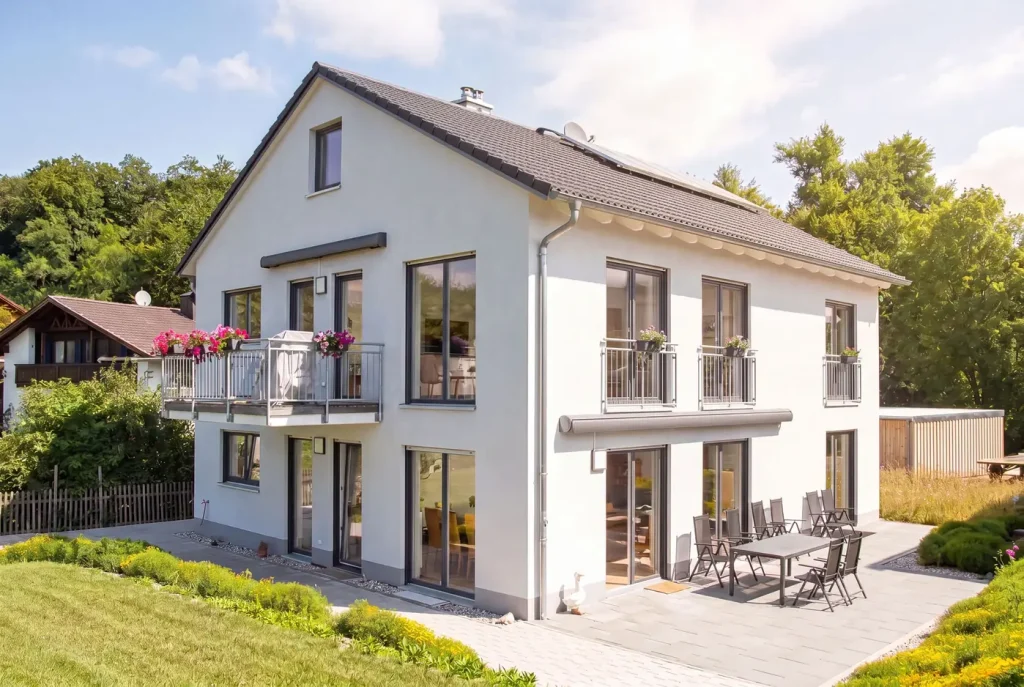 Außenansicht des Zweifamilienhauses in Landstetten mit Balkon und Terrasse